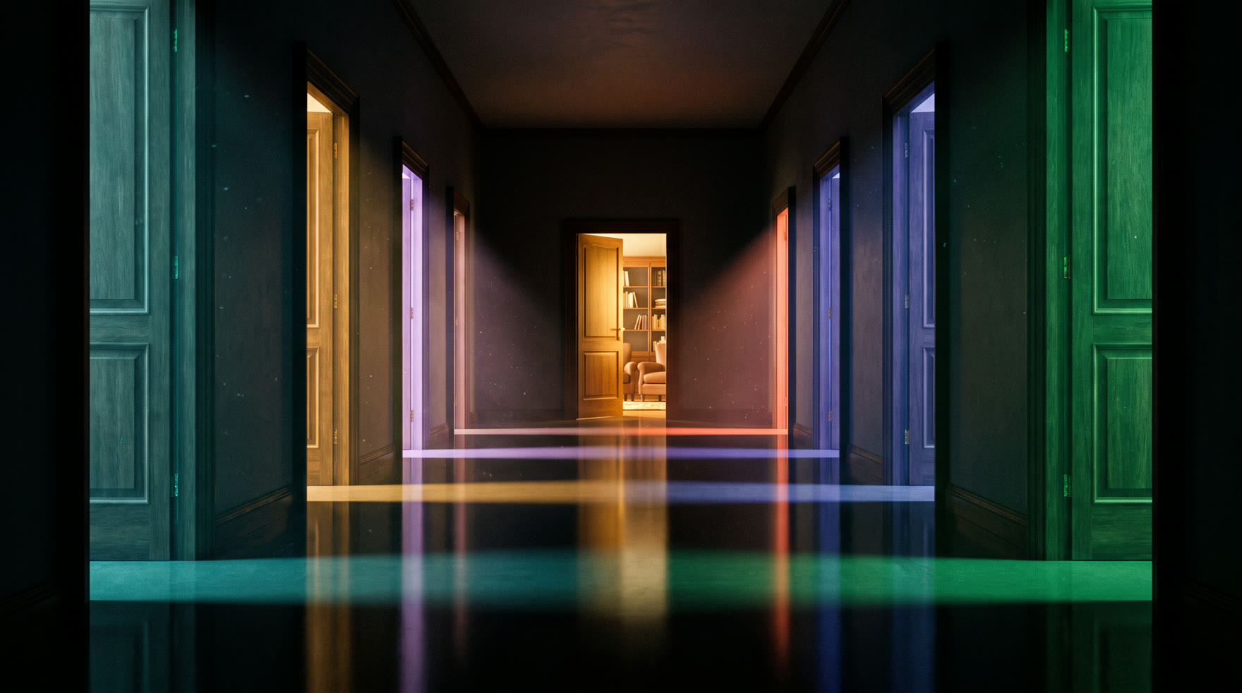 A corridor of doors, each glowing a different colour, all opening onto one community